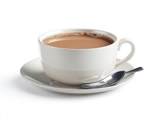 Obraz premium A cup of beige liquid sits on a saucer, accompanied by a small metal spoon, all against a plain white background with a drop shadow
