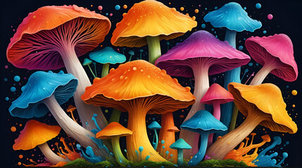 Splashes of vivid pigments collide and meld together, forming a mesmerizing symphony of colors that ignites the scene with an intense burst of vibrancy. Fungal Symphony. Illustration