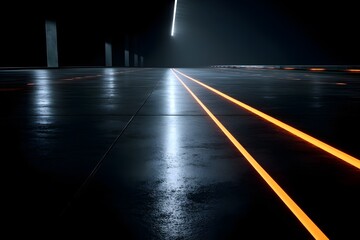 Shiny Tarred Road: Reflective Surface with Vibrant Neon Orange Glow for Urban Nights
