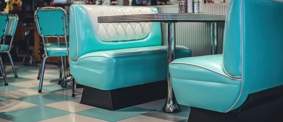 Retro diner scene showcasing turquoise and white vinyl booths with chrome accents, resting on a checkered tile floor evoking a vintage aesthetic