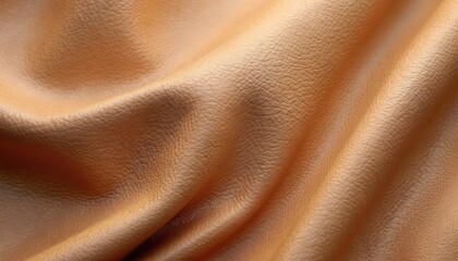 Close-up of smooth caramel brown leather texture with fine grain pattern. Material shows soft folds, creases, pliable, refined quality. Ideal for fashion, upholstery, accessories design. Versatile