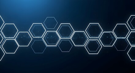 Abstract background featuring interconnected white hexagonal shapes against a dark blue gradient backdrop, creating a modern and technological feel.