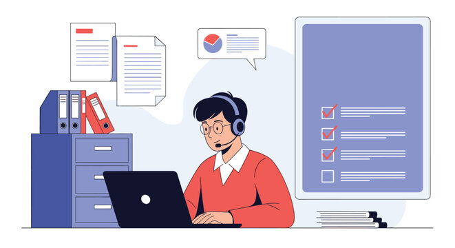 Customer support representative working on laptop and wearing headset for online assistance