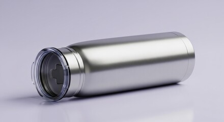 Metal Bottle with Clear Lid Lying on Pale Lavender Surface Background