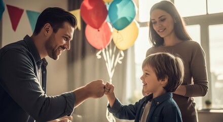 Happy Family Celebrating Birthday with Balloons and Fist Bump