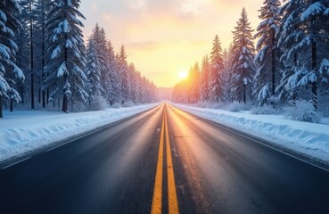 Empty asphalt road winds through snow-covered pine forest at sunrise. Sunlight casts warm glow on trees and illuminates pathway. Scene evokes tranquility and solitude of winter journey.