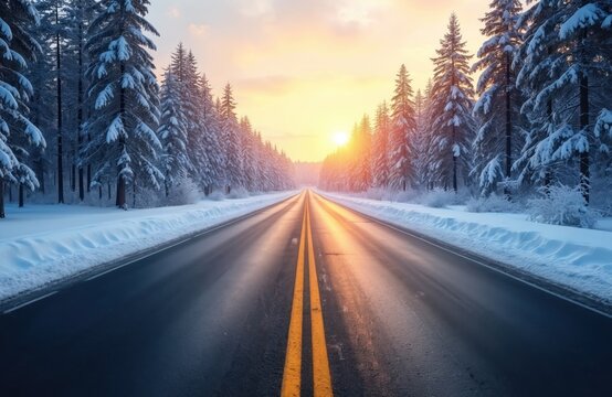 Empty asphalt road winds through snow-covered pine forest at sunrise. Sunlight casts warm glow on trees and illuminates pathway. Scene evokes tranquility and solitude of winter journey.