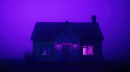 Foggy Night House with Purple Sky.