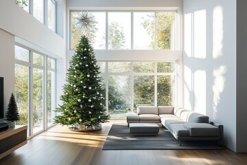 Fototapeta premium Modern living room with Christmas tree and large windows