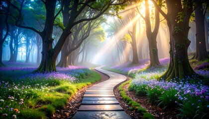 Walking the Forest Path with Sunlight and Wildflowers