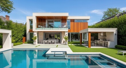 Fototapeta premium Luxurious Modern Home with Pool and Outdoor Kitchen A Dream Oasis of Relaxation and Style