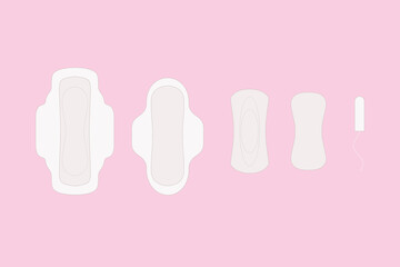 Tampons and sanitary napkins lie on a light pink background. Menstrual cycle and pregnancy. Negative pregnancy test and contraceptives