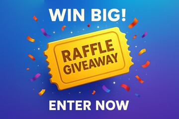 Exciting raffle giveaway invitation with golden ticket and confetti, encouraging immediate participation for big wins!