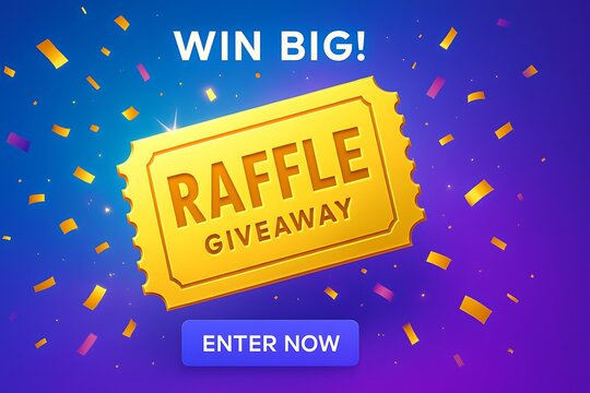 Exciting raffle giveaway banner with golden ticket and falling confetti, enter to win big!