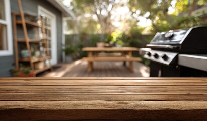 A wooden deck table in focus, with a blurred patio, grill, picnic table, and house in the background, bathed in warm, sunny light