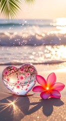 Naklejka premium Heart Shaped Crystal Reflecting Cherry Blossoms on a Sandy Beach at Sunset flower frangipani