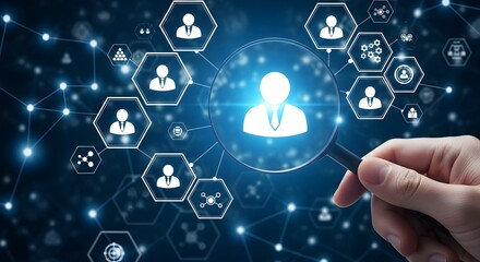 Hand holding a magnifying glass over a network of interconnected people icons, highlighting a central figure in a digital environment.