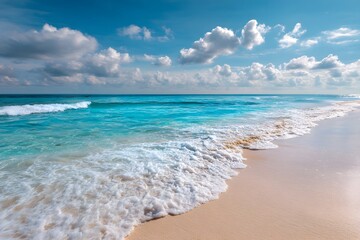 Obraz premium Beautiful beach with clear blue water and white sand, with blue sky and one cloud in the background