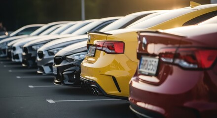 Naklejka premium Row of various luxury vehicles parked outdoors in daylight on a paved surface
