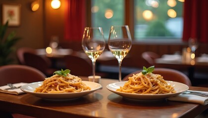 Cozy intimate dinner for two featuring plates of spaghetti carbonara, wine in upscale fine dining restaurant. Romantic atmosphere enhanced by soft lighting, elegant table setting, perfect for special