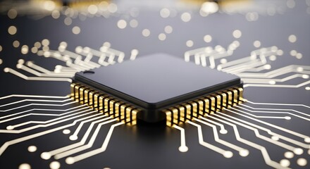 A close-up view of a microchip with golden pins, surrounded by circuit board traces and bokeh lights on a dark background.