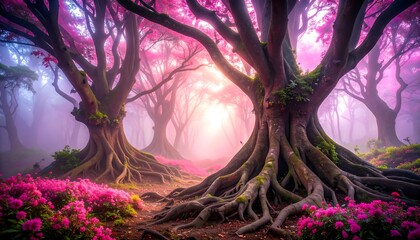Walking Through a Magical Forest with Pink Flowers and Giant Trees