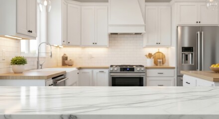 Fototapeta premium Modern Kitchen Design Pristine White Marble Countertop with Blurred Background, Clean Look