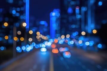 A blurred cityscape at night, featuring blue and orange bokeh lights suggesting car headlights and building illumination on a dark, urban background