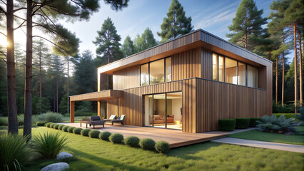 Minimalist wooden home with clean lines and natural setting.
