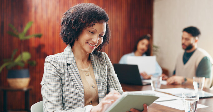 Tablet, smile and research with business woman in office for event planning, project budget and review. Timeline progress, reading and program manager with person in creative agency for checklist