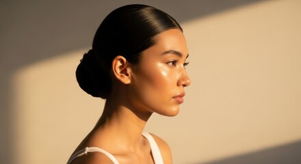 A beautiful young woman in profile with healthy, radiant skin and dark hair pulled back in a sleek, elegant bun