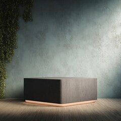 An elegant modern ottoman against a textured blue wall with wooden flooring and cascading greenery,