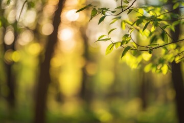 Obraz premium Sun-dappled leaves frame a blurred forest backdrop, creating a serene, natural ambiance. Soft light filters through foliage in a tranquil outdoor setting