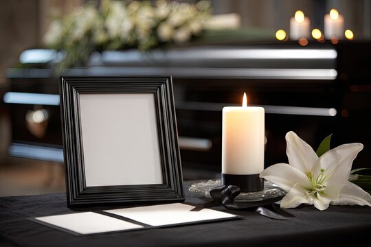 A blank photo frame, white candle, lily, and cards rest on a black cloth before a closed casket and floral arrangement in a dimly lit chapel