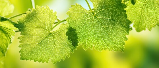 The grapevine leaves glowing in morning sunlight with detailed vein texture
