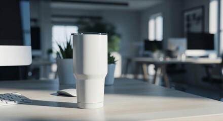 White Tumbler Mockup on Desk in Modern Office Setting with Natural Lighting