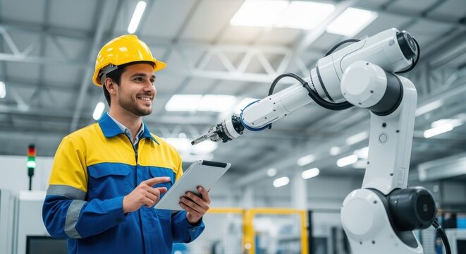 Smiling engineer using a tablet to program a robotic arm in a smart factory for industrial automation