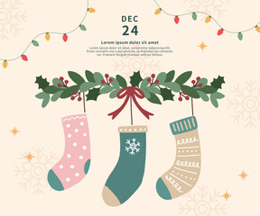 Christmas illustration card template with christmas stockings and light bulb.
