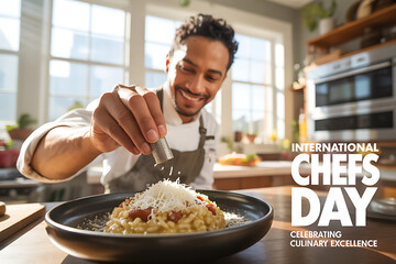 Happy chef adding final touches of cheese to a delicious risotto, celebrating International Chefs Day and culinary excellence