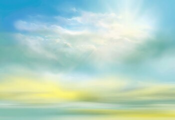 Fototapeta premium Dreamy sky scene with soft, blended colors. Hues of blue, yellow, and white create a tranquil, painterly aesthetic with sun rays beaming through clouds