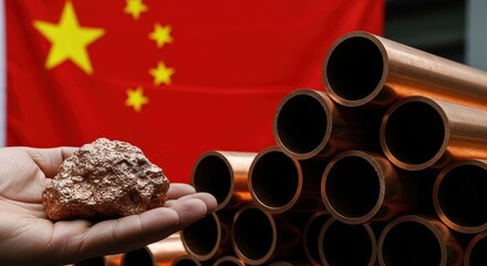 China's robust industrial economy showcased with raw copper ore and finished pipes against national flag