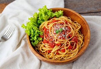spaghetti in tomato sauce with lettuce in a wooden bowl