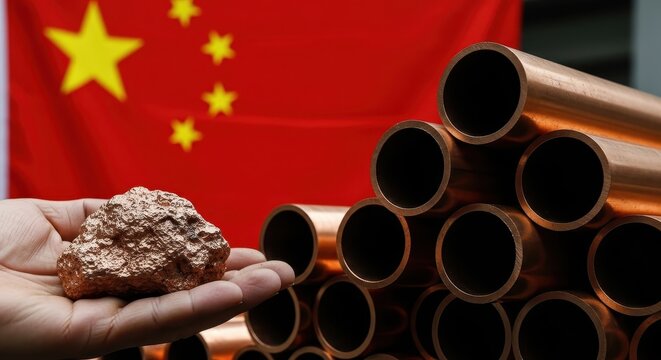 China's robust industrial economy showcased with raw copper ore and finished pipes against national flag