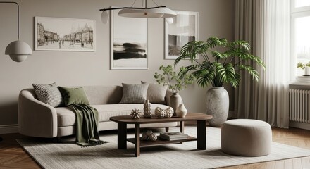 Fototapeta premium Modern living room interior. Comfortable sofa, stylish decor, natural plants. Serene, contemporary home design