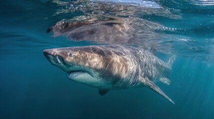 Fototapeta premium A large shark glides through clear blue waters, showcasing its distinctive features. Sunlight filters through the surface, illuminating the underwater environment.