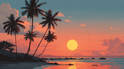 A flat drawing of a breathtaking tropical beach sunset