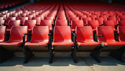 Rows of empty red stadium seats show wear, tear. Weathered plastic chairs repetitive pattern under sunlight. Perspective captures aged architecture of sports venue, evoking feelings of nostalgia,