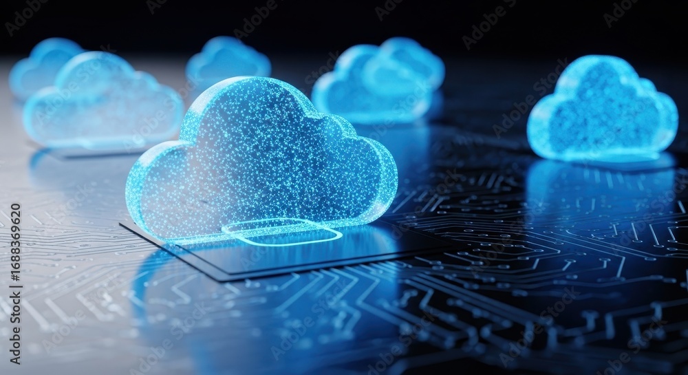 Poster glowing blue cloud computing icons resting on a futuristic digital circuit board background