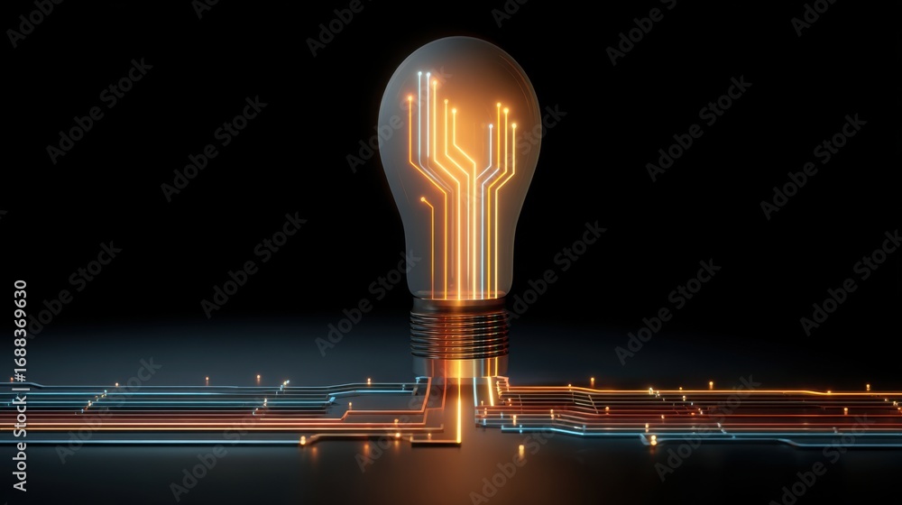 Poster a light bulb designed with glowing circuit patterns emerges from a dark backdrop. the intricate line
