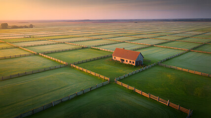 Expansive agricultural landscape featuring a geometric pattern of fenced paddocks and a solitary barn during a golden hour sunset.